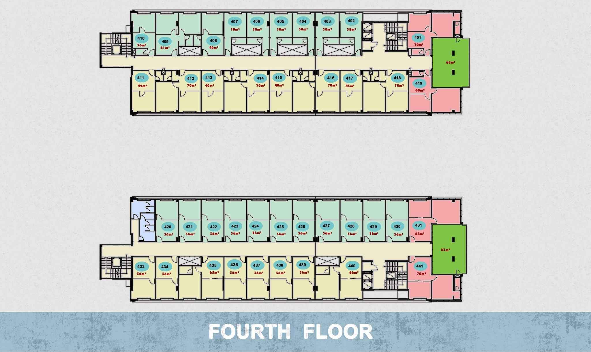 وحدات الدور الرابع الإدارية والطبية في ONE MALL، تُظهر المخطط الداخلي للمكاتب والعيادات الجاهزة للتشغيل، مشروع العربي للتطوير العقاري.